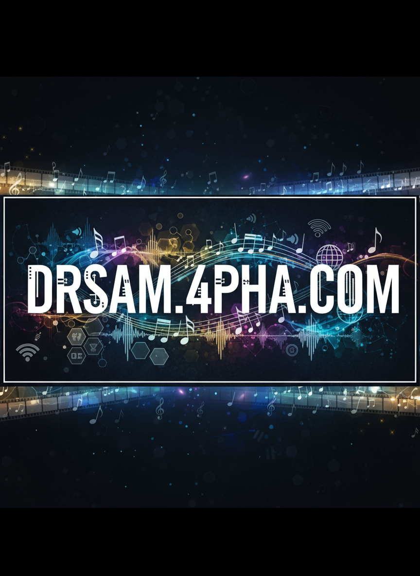 Firefly_Gemini Flash_A banner inscribed with -DRSAM.4PHA.COM- with a background of film music and internet 518142